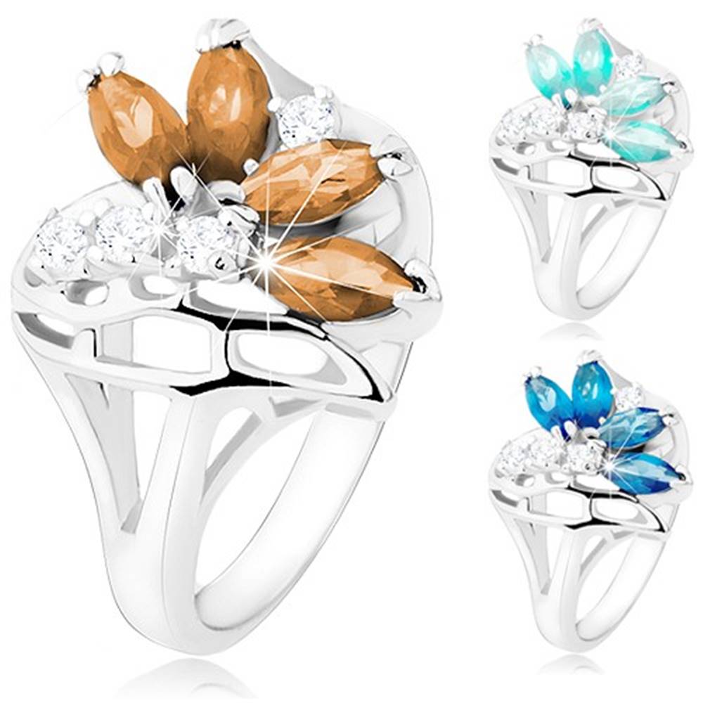 Šperky eshop Ligotavý prsteň s rozdelenými ramenami, číre a farebné zirkóny, stuha - Veľkosť: 51 mm, Farba: Modrá svetlá