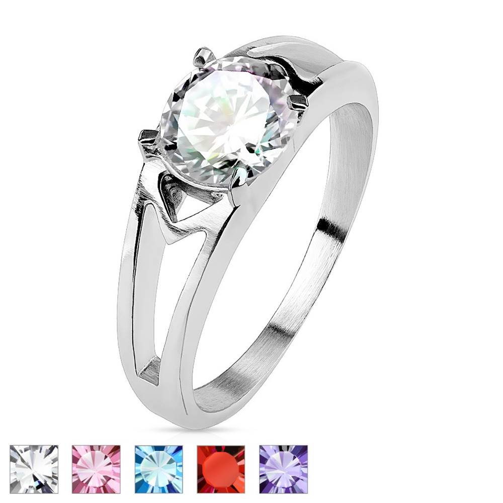Šperky eshop Oceľový prsteň s ozdobnými výrezmi a zirkónom - Veľkosť: 49 mm, Farba: Ružová