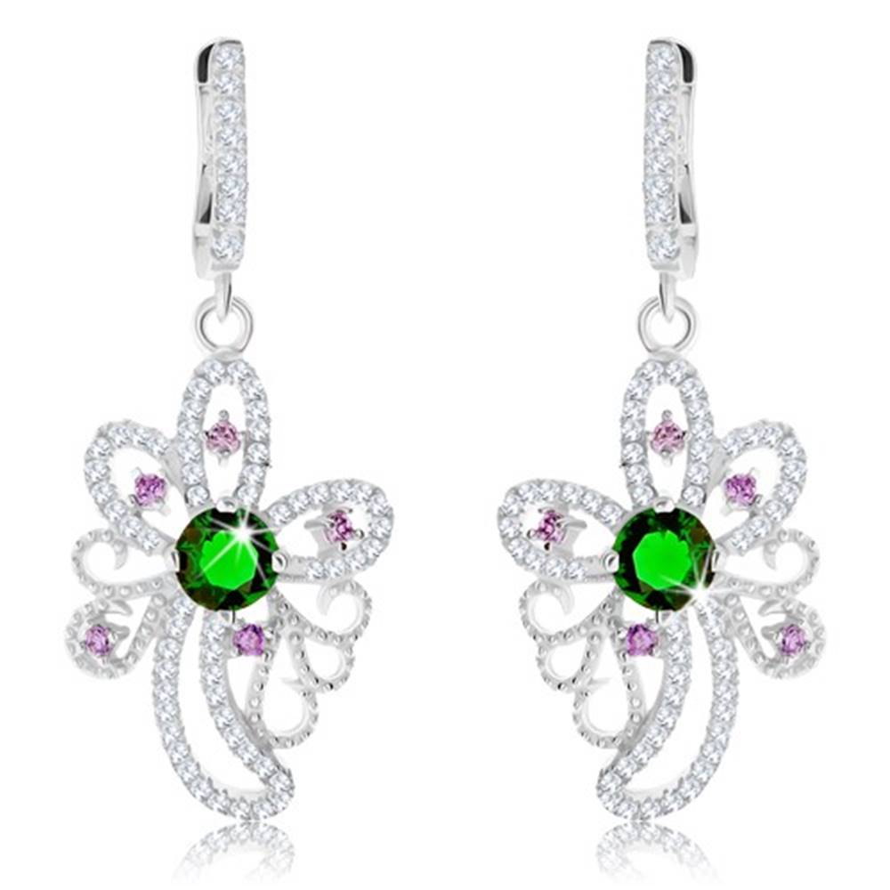 Šperky eshop Strieborné náušnice 925, trblietavý obrys kvetu, zelené a fialové zirkóny