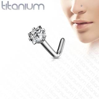 Zahnutý piercing do nosa z titánu - štvorcový brúsený zirkón v kotlíku - Hrúbka piercingu: 0,8 mm, Veľkosť hlavičky: 2 mm