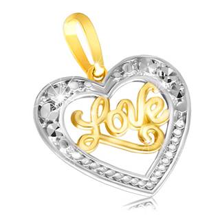 Zlatý prívesok 585 - lesklé súmerné srdiečko s nápisom "Love"
