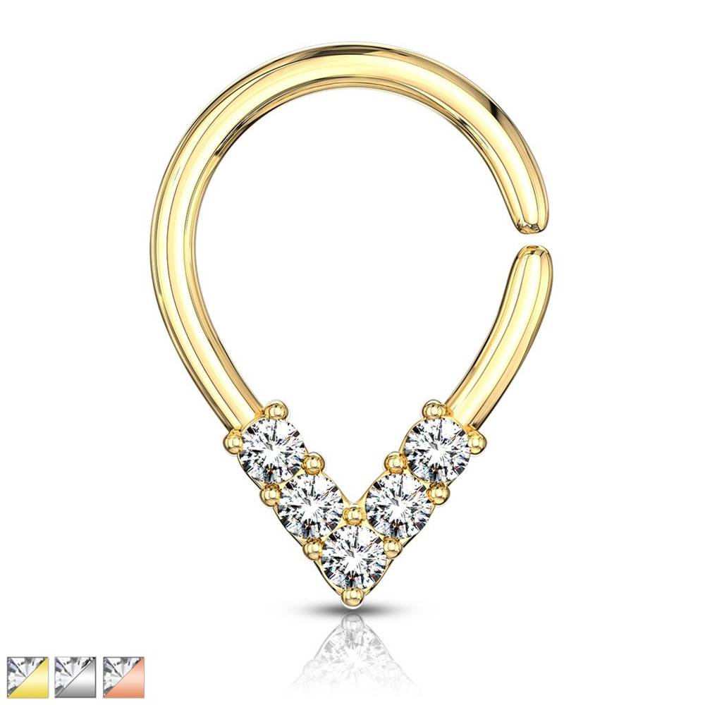 Šperky eshop Piercing do nosa alebo ucha - zirkónové V, krúžok s lesklým povrchom - Hrúbka piercingu: 1 mm, Farba piercing: Zlatá