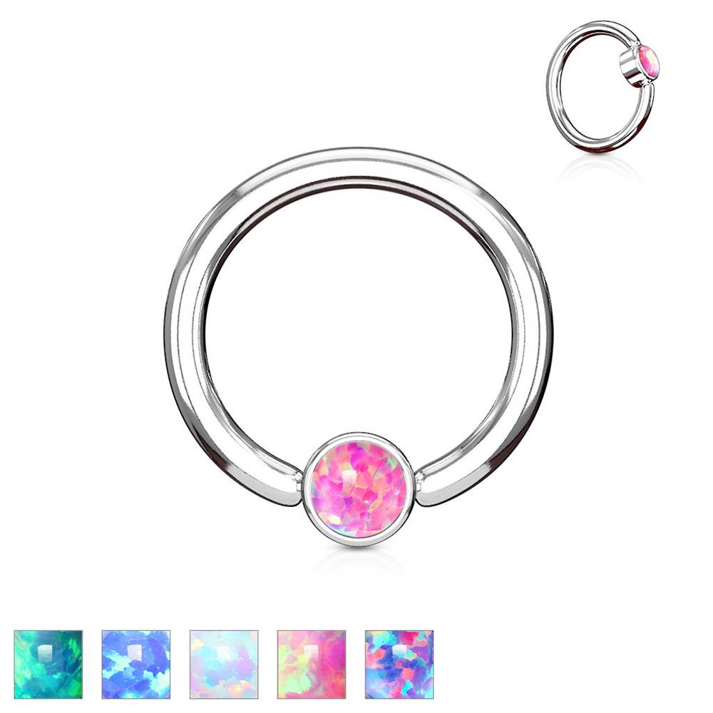 Šperky eshop Piercing z ocele 316L striebornej farby, krúžok so syntetickým opálom - Hrúbka x priemer x veľkosť guličky: 1,2 x 8 x 3 mm, Farba: Fialová