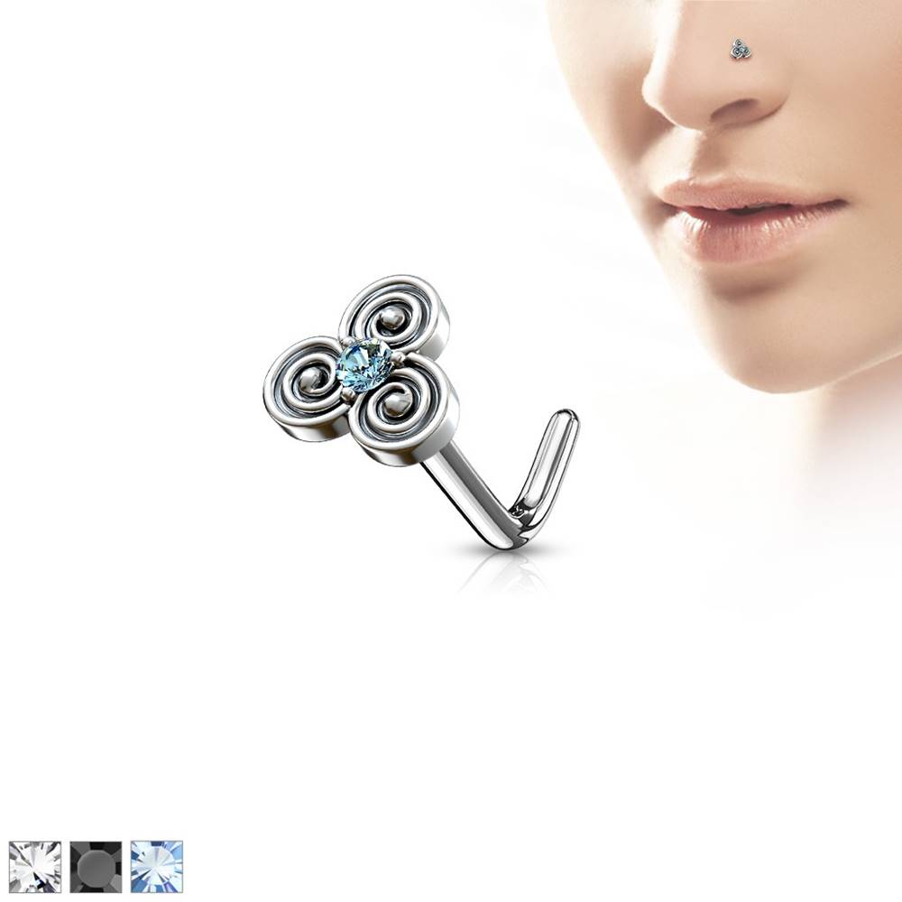 Šperky eshop Zahnutý oceľový piercing do nosa s keltským motívom, zirkónik v strede - Hrúbka piercingu: 0,8 mm, Farba zirkónu: Čierna - K