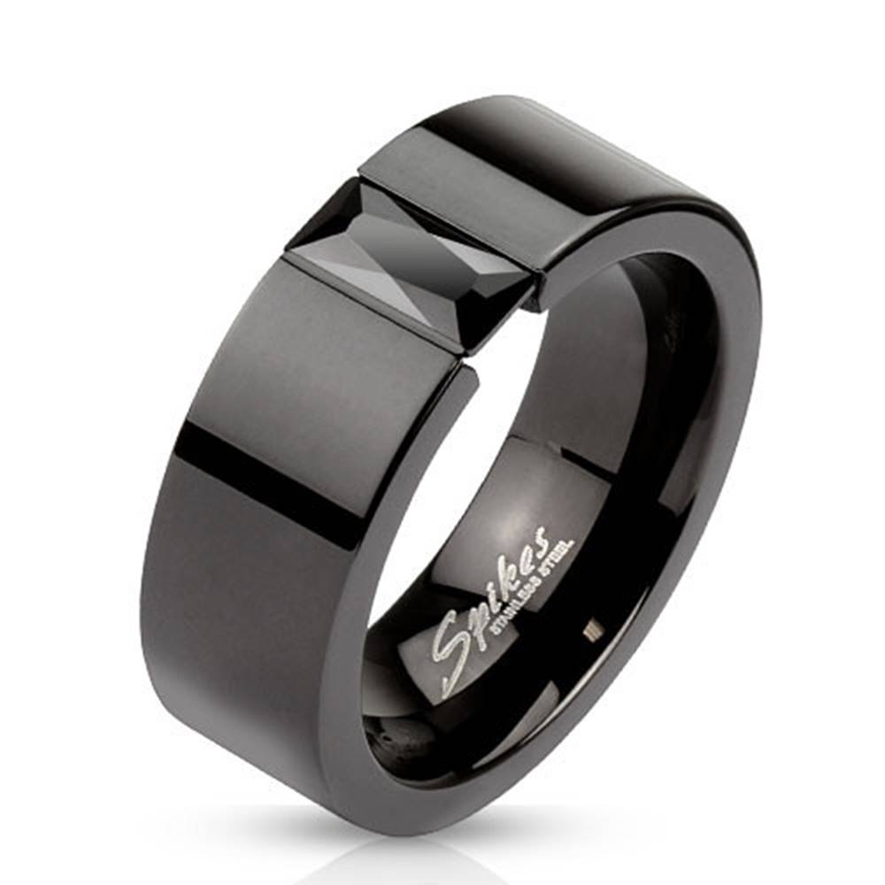 Šperky eshop Prsteň z ocele v čiernej farbe - ligotavý čierny zirkón, 8 mm - Veľkosť: 60 mm