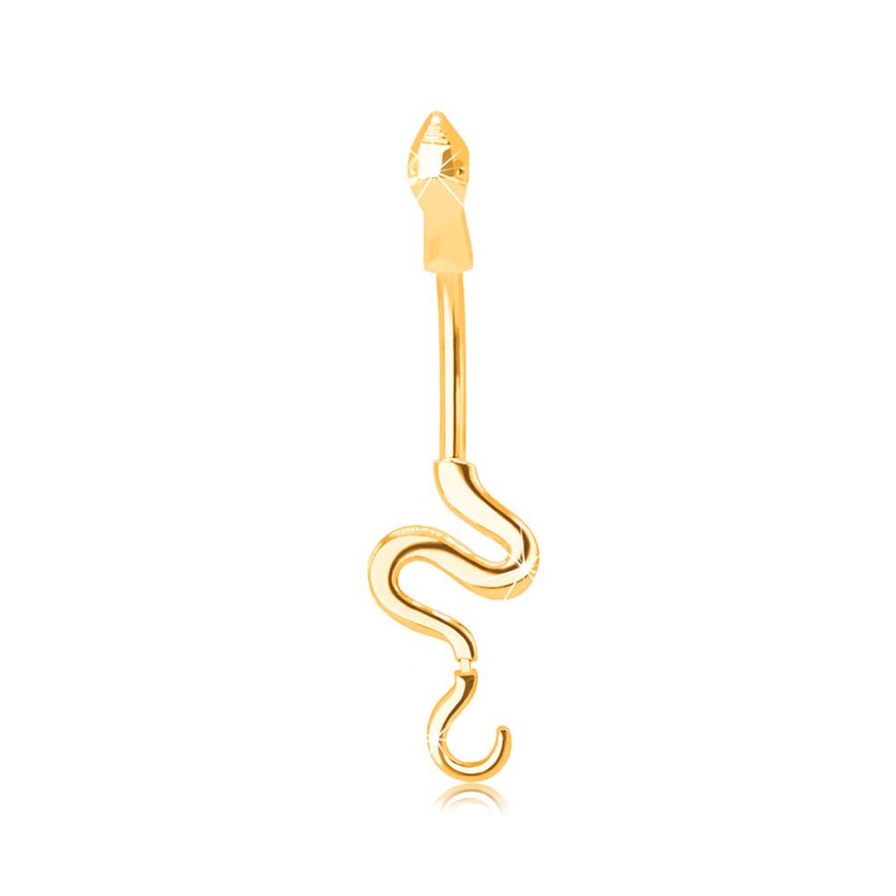 Šperky eshop Zlatý piercing 375 do bruška - lesklý hadík so zvlneným chvostom